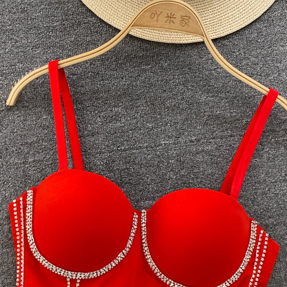 Women Chic Tassels  Pads Rhinestone Basic  Corset Straps Camis Slim  Hot Sexy Fashion Bare NavelBackless Tops Women Crop Top