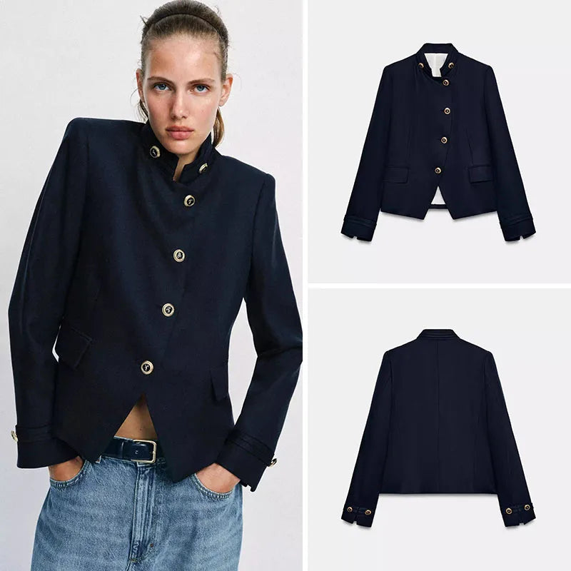Spring New Arrival Women's Slim Fit Long Sleeve Stand Collar Jacket Gold Button Casual Style Standard Version Outerwear