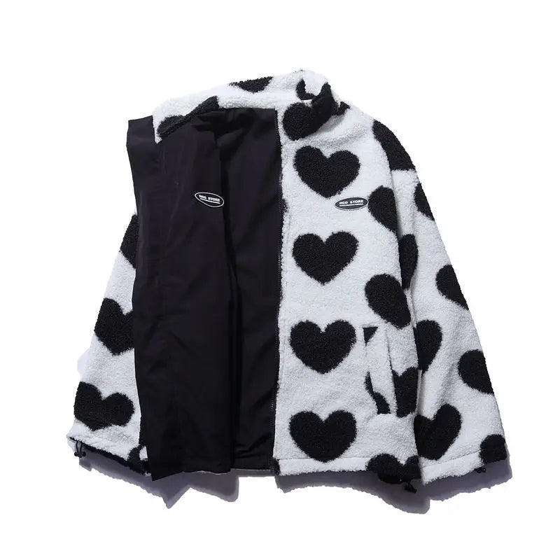 Double-Sided Wear Thickened Lamb Fur Heart Pattern Cotton Jacket Couple's Two-Way Wear Casual Warm Zipper Closure Long Sleeve...