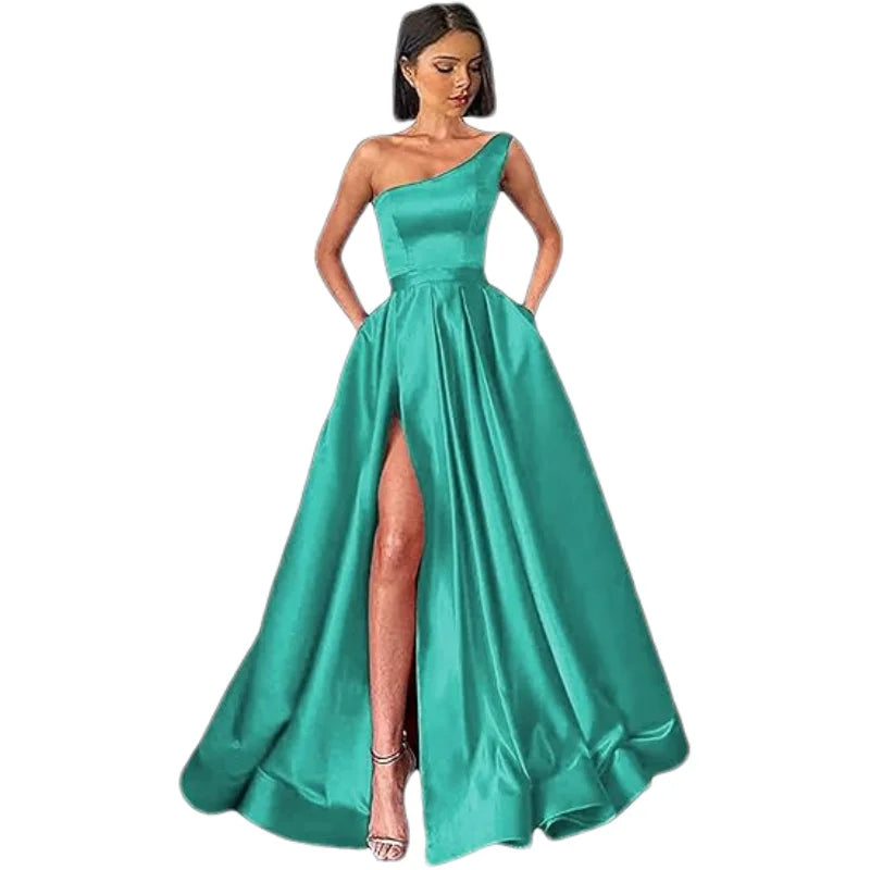 Customized Women's One Shoulder Prom Dresses Long Ball Gown High Slit Satin Corset Formal Dress Evening Gowns with Pockets