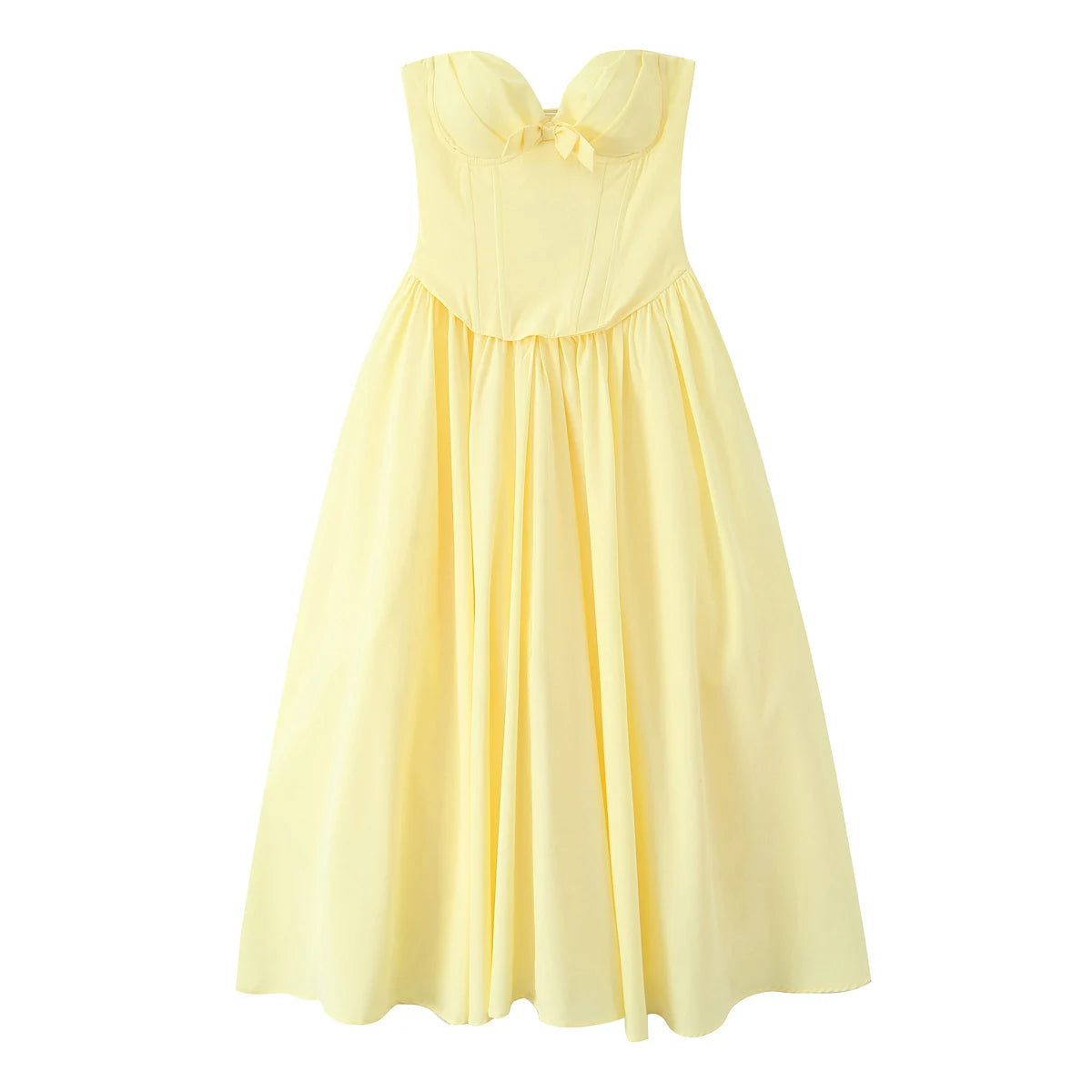3 colors Sexy Wire Chest Boning Slim Waist Long Strapless Dress Women Cross Lacing up Back Ruched Hem Swing Party Vestido Yellow