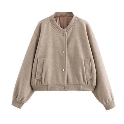 MUJER 2025 Women Jacket Cropped Bomber Jackets For Women Beige Black Tweed Jacket Woman Fashion Long Sleeve New In Short Coats