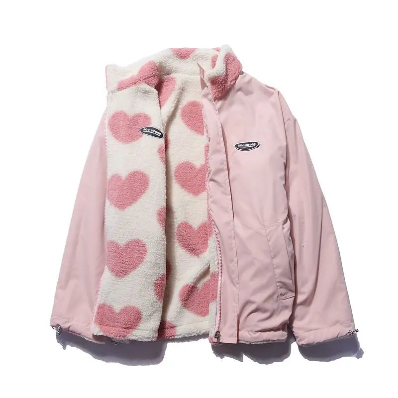 Double-Sided Wear Thickened Lamb Fur Heart Pattern Cotton Jacket Couple's Two-Way Wear Casual Warm Zipper Closure Long Sleeve...