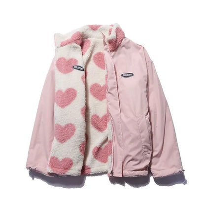 Double-Sided Wear Thickened Lamb Fur Heart Pattern Cotton Jacket Couple's Two-Way Wear Casual Warm Zipper Closure Long Sleeve...