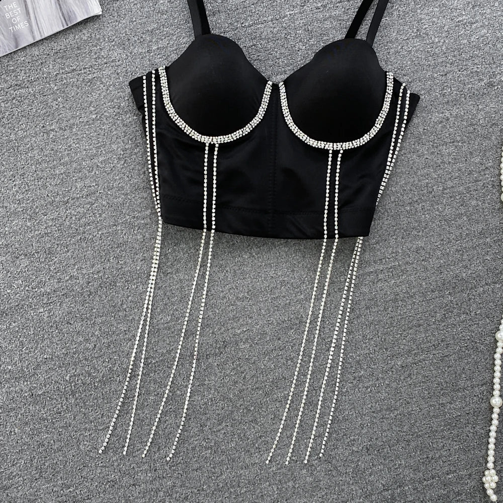 Women Chic Tassels  Pads Rhinestone Basic  Corset Straps Camis Slim  Hot Sexy Fashion Bare NavelBackless Tops Women Crop Top