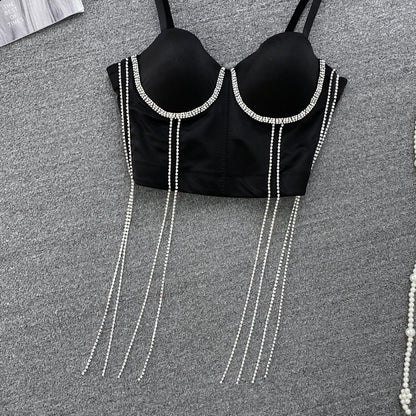 Women Chic Tassels  Pads Rhinestone Basic  Corset Straps Camis Slim  Hot Sexy Fashion Bare NavelBackless Tops Women Crop Top