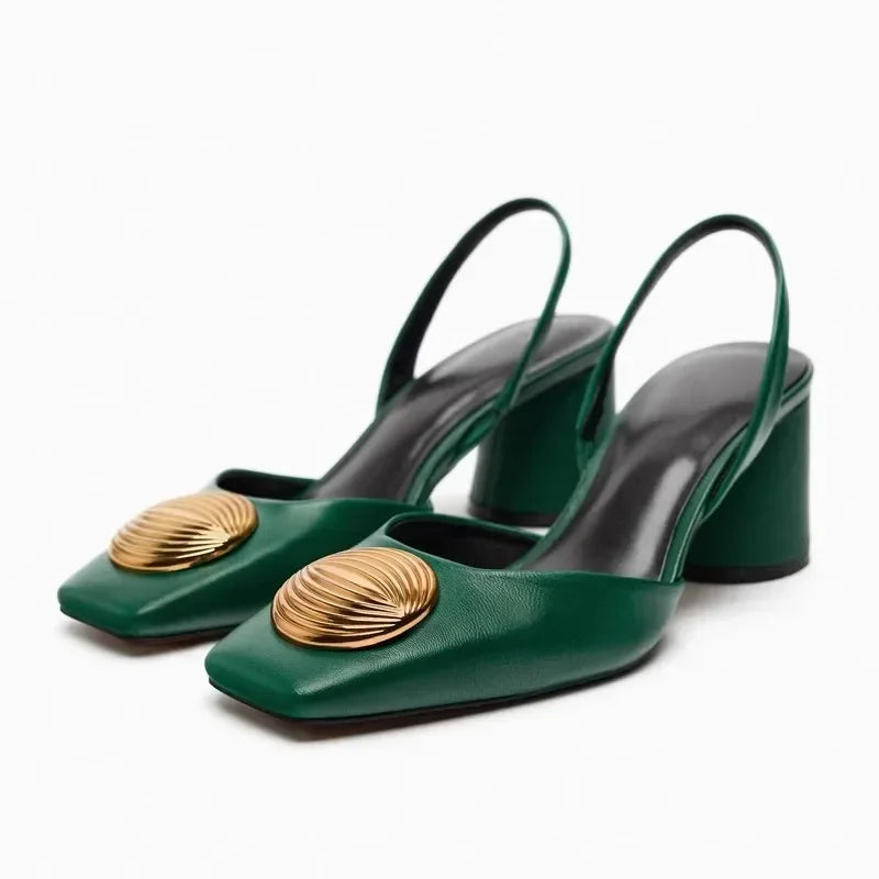Designer Brand Sandals Women Pumps Metal Decoration Fashion Square Toe Chunky Heels Dress Shoes Elegant High Heels Ladies Mules