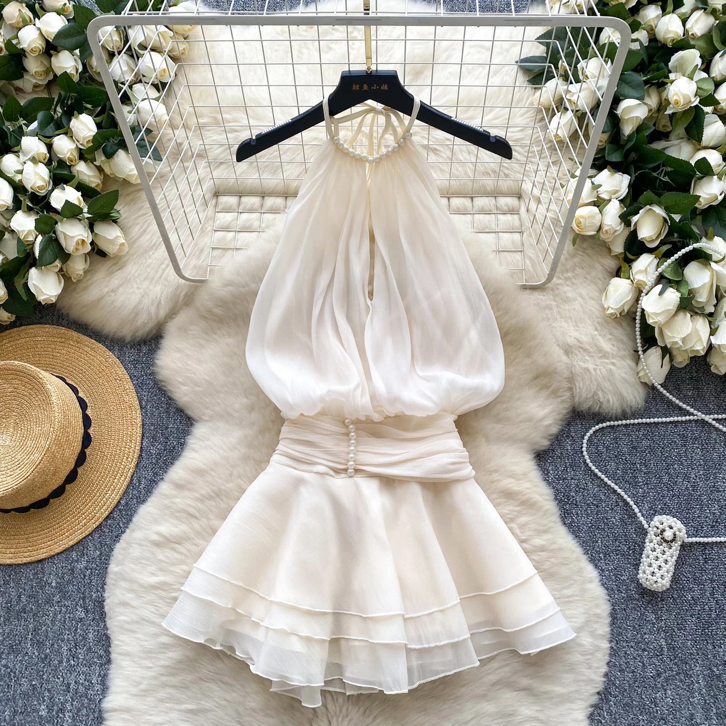 SINGREINY Strap Chiffon Mini Dress Female Pearl Halter Sleeveless Backless Sexy Design Fairycore Vacation Summer Ruffles Dress