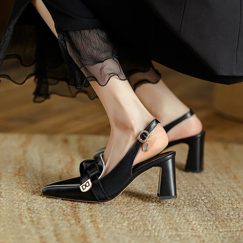 Dilalula 2025 French Style Genuine Leather Sandals Women Covered Toe Butterfly Knot Party Dating Sandals Office Ladies Pumps