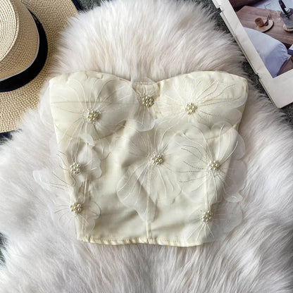 Embellished Short Crop Top Women's Vest with Chest Pad 3D Flower Decoration Slimming Effect Summer Fashion