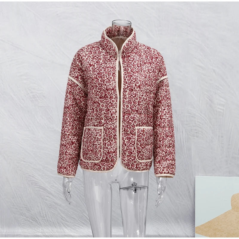 HH Floral Print Jacket For Women Autumn Quilted Reversible Cotton Coat Cardigan Long Sleeve Jackets Elegant Woman Streetwear
