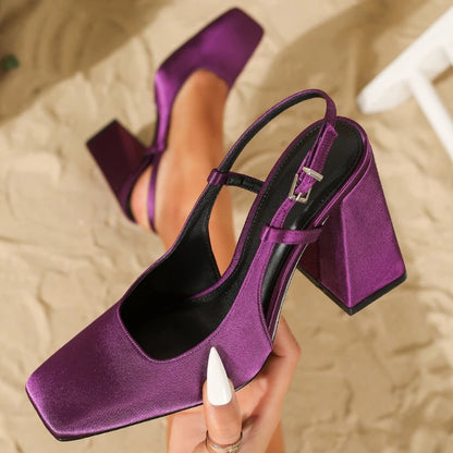 High Quality Purple Satin Chunky Heel Women Pumps Square Toe Buckle Design Elegant Heeled Sandals Luxury Wedding Bridal Shoes