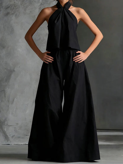 2026 Women Summer Casual Holiday Halter Sleeveless Pullover Top with Wide Leg Pants Two-Piece Set Backless Patchwork Chic Outfit