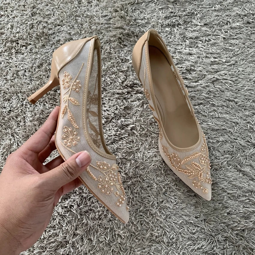 String Bead Mesh Embroider High Heels Women Sexy Pointed Toe Heeled Sandals Summer Elegant Luxury Designer Wedding Pumps Shoes