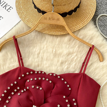 New French Sweet Strap Camisole Strapless 3D Floral Beading Diamonds Design Tops Elastic Ruched Slim Streetwear Tank Top