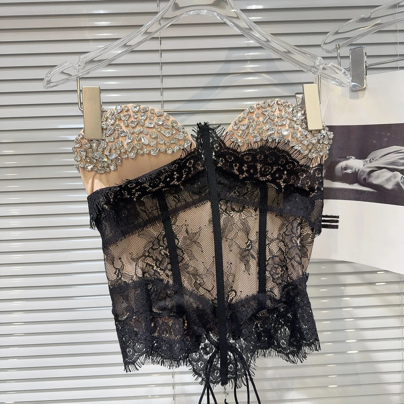 Summer 2026 Sexy Spicy Girl Heavy Work Rhinestone Nail Fishbone Waist Cinch Strapless Tube Top Tank Original Design Lace Trim...
