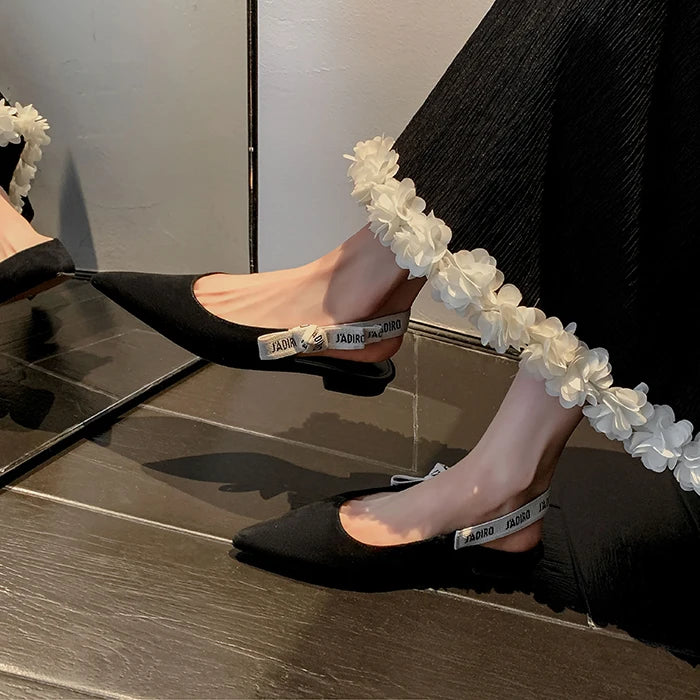 New Summer Low Block Heel Suede Pointed Toe Low-Cut Flats with Letter Back Strap Closed-Toe Sandals