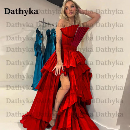 Dathyka Pleats Prom Dress Satin A Line Evening Dress High Slit Tiered Party Dress For Women Strapless Robe De Mariee Customised