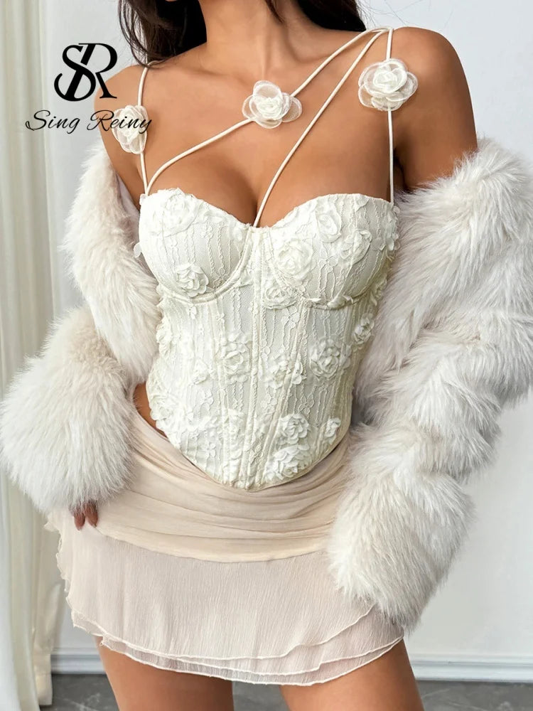 SINGREINY 3D Floral Jacquard Beach Party Tank Top Fashion Women Corset Embroidery Camisole French Hot Girl Vacation Y2K Slim Top
