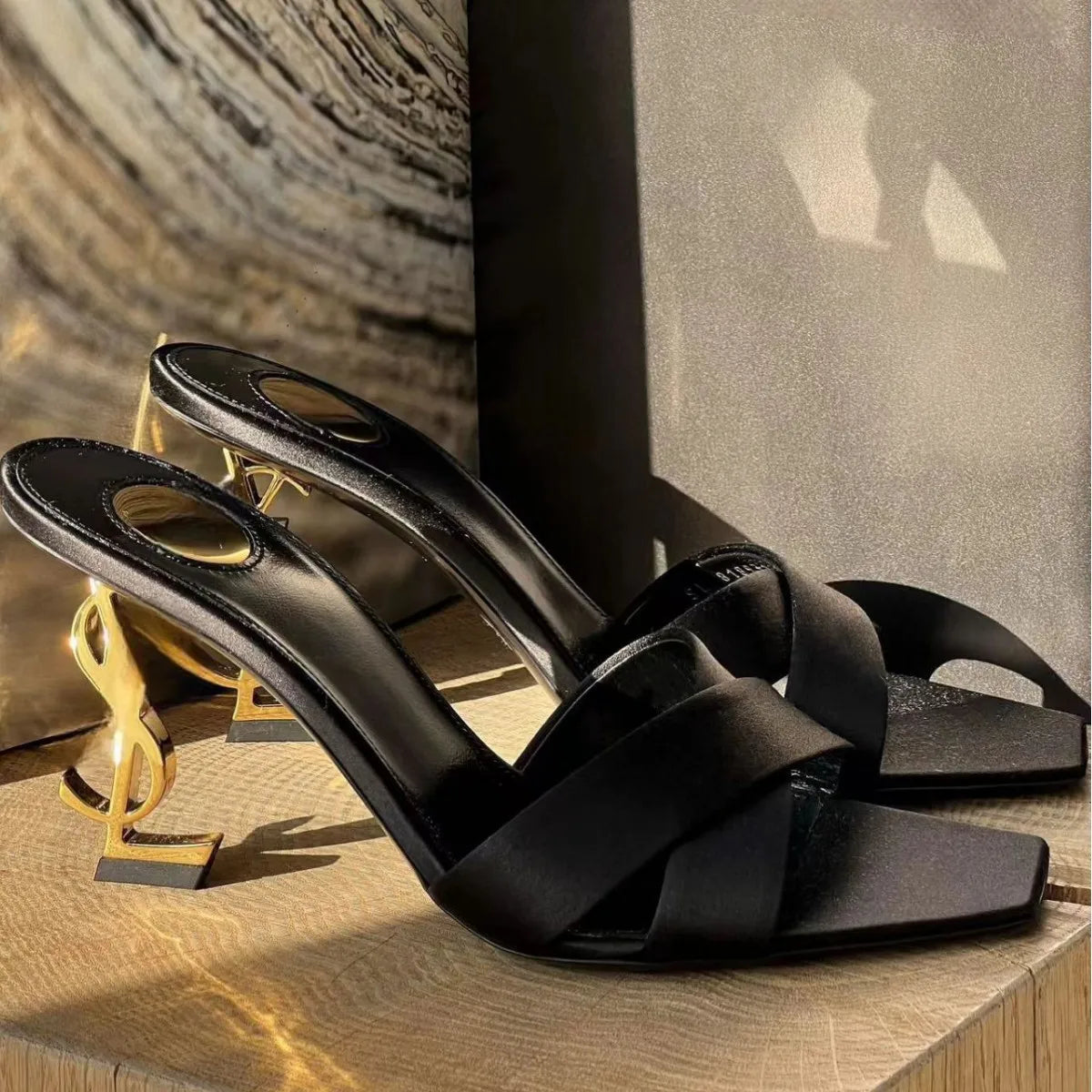 New 2026 Women's Fashionable Silk Satin Cross Band Metal Letter Heel Square Head High Heel Sandals Open Toe Stylish Pointed Toe