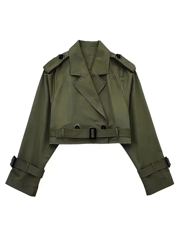 HH 2025 Women Belt Cropped Trench Spring Jacket Vintage Streetwear Double Breasted Long Sleeve Top Female Coat Outfits