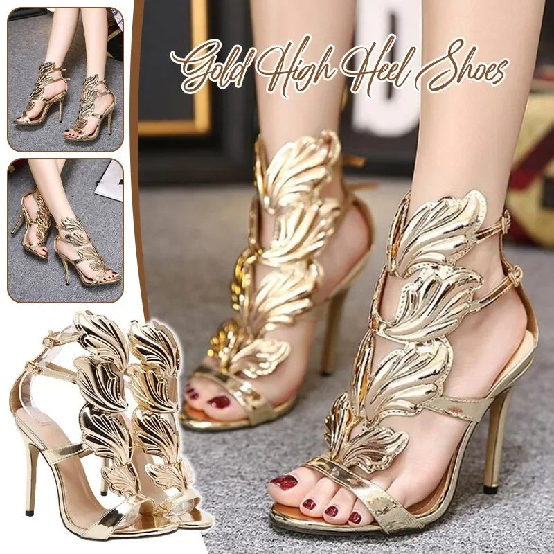 Gold Open Toe High Heel Women Sandals Elegant Leaf Detailing Party Wedding Dress Pumps Women Gladiator Sandals Bowknot Decor