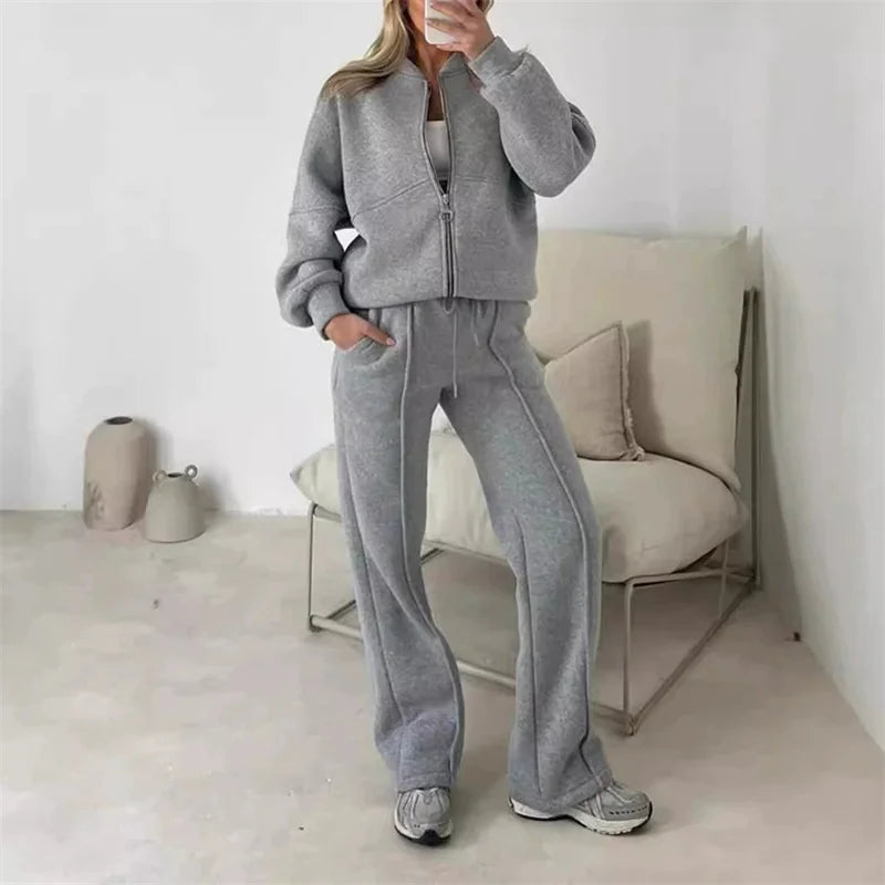 2025 Sweatshirt Two-piece Suit Women's Casual Sports Sets Autumn Winter Zip-up Short Coat Straight Trousers 2-piece Sets S-5XL