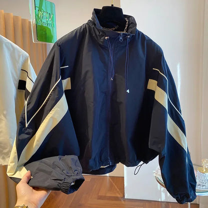 American retro drawstring black and white contrast stitching coat women's autumn new loose leisure sports baseball uniform