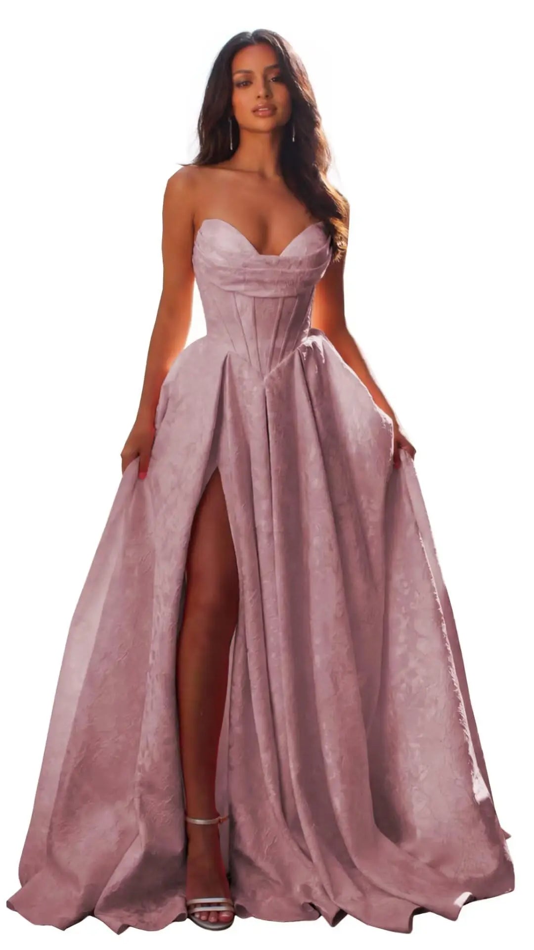 Women Elegant Jacquard Satin Prom Dresses with Slit Strapless Corset A Line Long Formal Gowns Evening Gowns Party Dresses