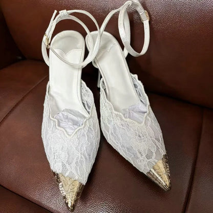2026 Fashion Lace Sequin Hollow Out Mesh Women Pumps Sexy Pointed Toe Designer Low Heels Slingback Sandals Ladies Shoes