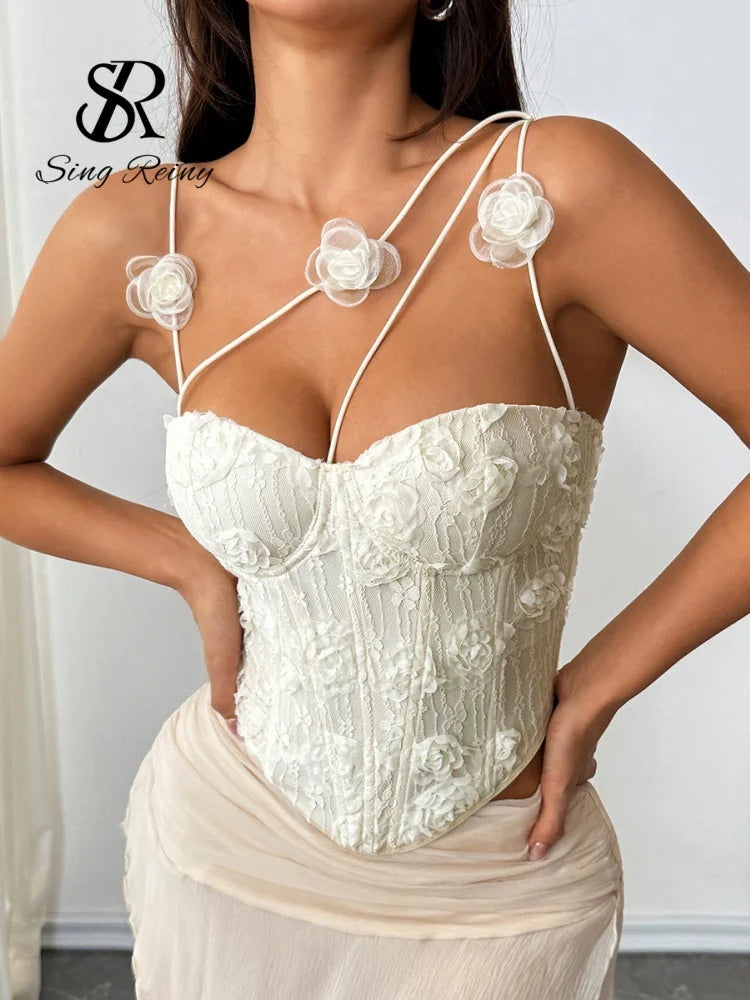 SINGREINY 3D Floral Jacquard Beach Party Tank Top Fashion Women Corset Embroidery Camisole French Hot Girl Vacation Y2K Slim Top