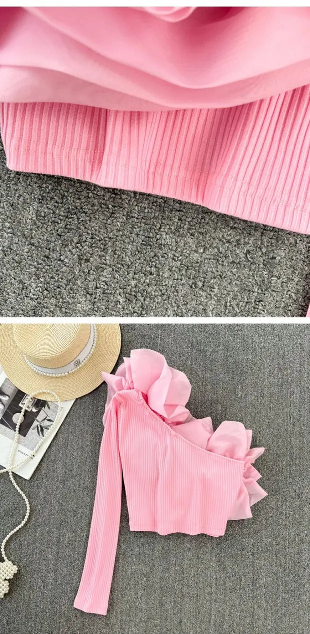 Retro Personali 3D Flower Slant Collar Single oulder Long Sve T-irt Women's Faion ort Sle Belly Button Baring Top
