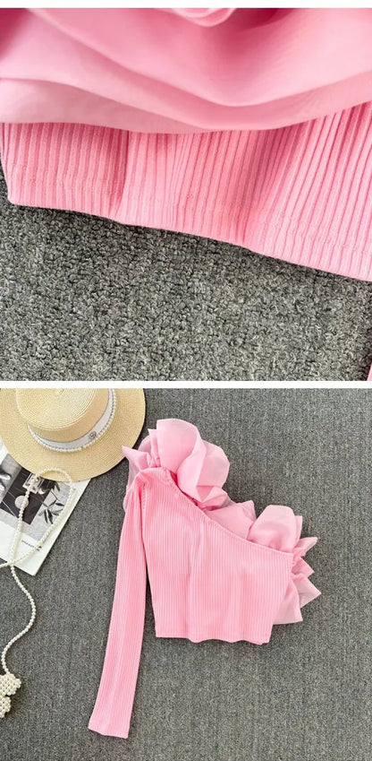 Retro Personali 3D Flower Slant Collar Single oulder Long Sve T-irt Women's Faion ort Sle Belly Button Baring Top