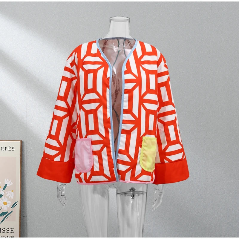 HH Floral Print Jacket For Women Autumn Quilted Reversible Cotton Coat Cardigan Long Sleeve Jackets Elegant Woman Streetwear