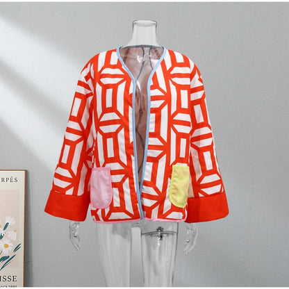 HH Floral Print Jacket For Women Autumn Quilted Reversible Cotton Coat Cardigan Long Sleeve Jackets Elegant Woman Streetwear