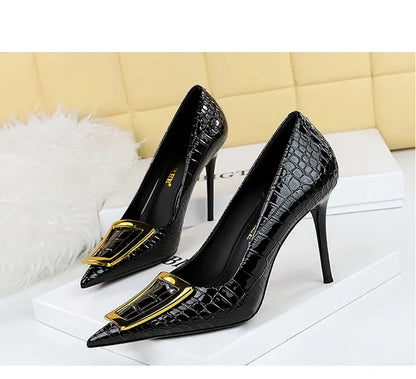 2025 BIGTREE Metal Decoration Buckle Fashion Pumps Women Elegant Snakeskin Print 10cm High Heels Party Ladies Shoes