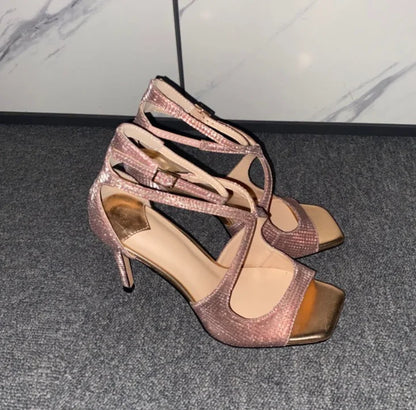 2026Ladies' Summer New Fashionable High-heeled Open Toed Sandals Square Toe Party Sexy 34-43Large Women's Shoes