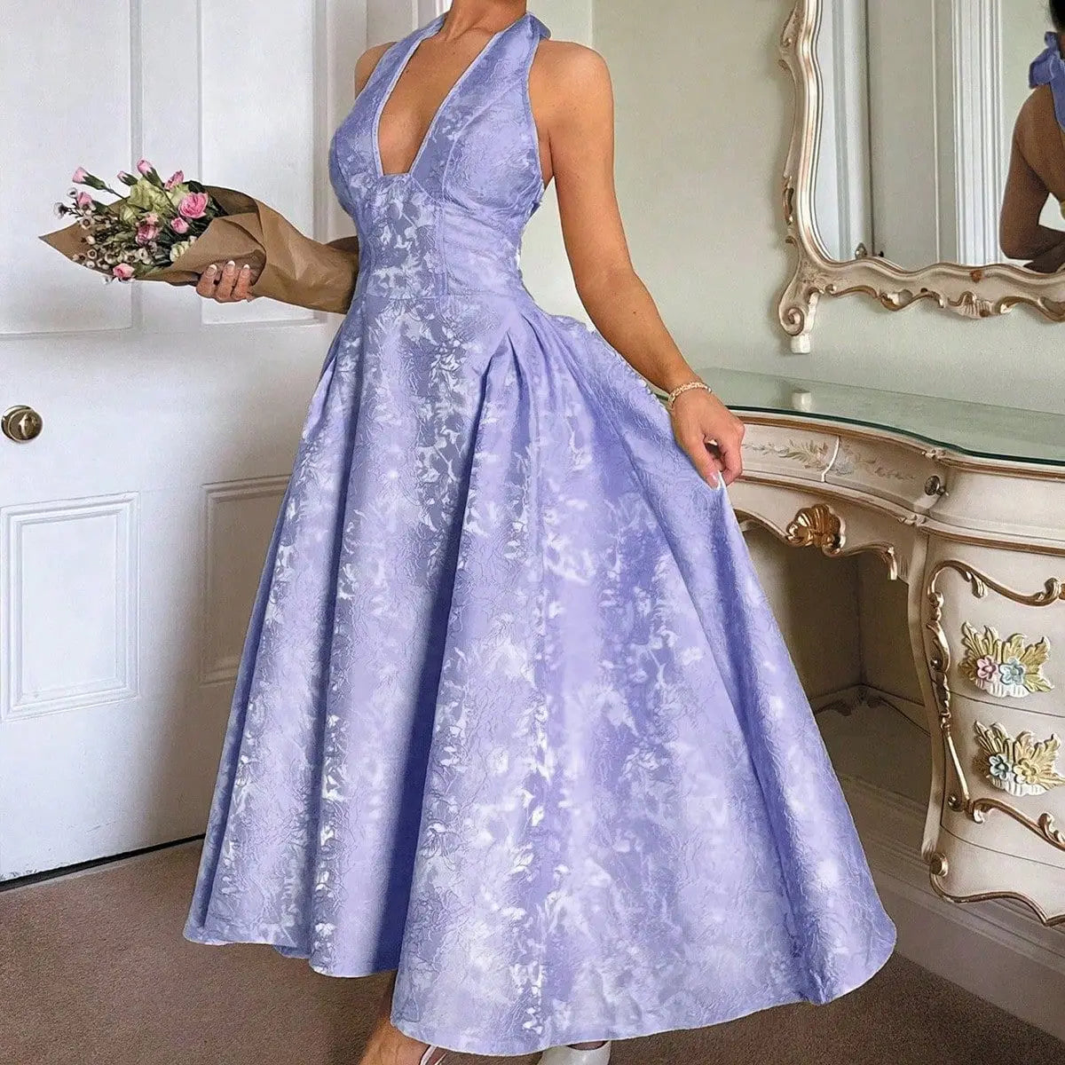Evening Party Dresses Women Summer Sexy Bow Halter Long Dress Elegant Jacquard Lace Up Backless Birthday Robe