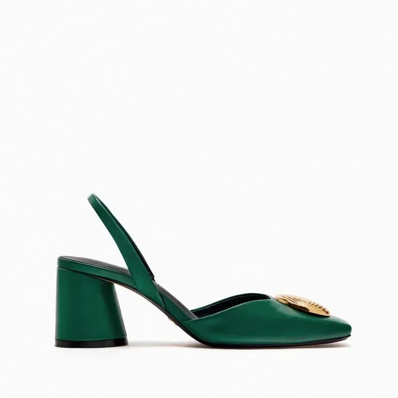 Designer Brand Sandals Women Pumps Metal Decoration Fashion Square Toe Chunky Heels Dress Shoes Elegant High Heels Ladies Mules