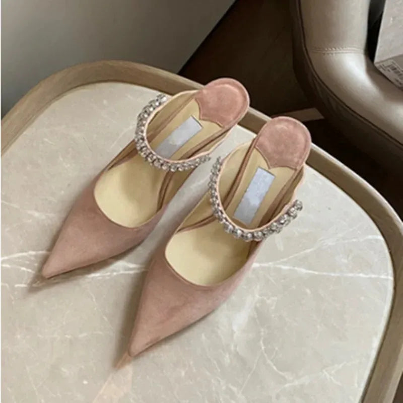 Women's Sandals 2026 New High Heels Fashion Water Diamond Chain Banquet Pointed Fine Heels Women's Muller Shoes