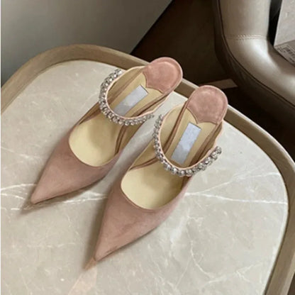 Women's Sandals 2026 New High Heels Fashion Water Diamond Chain Banquet Pointed Fine Heels Women's Muller Shoes