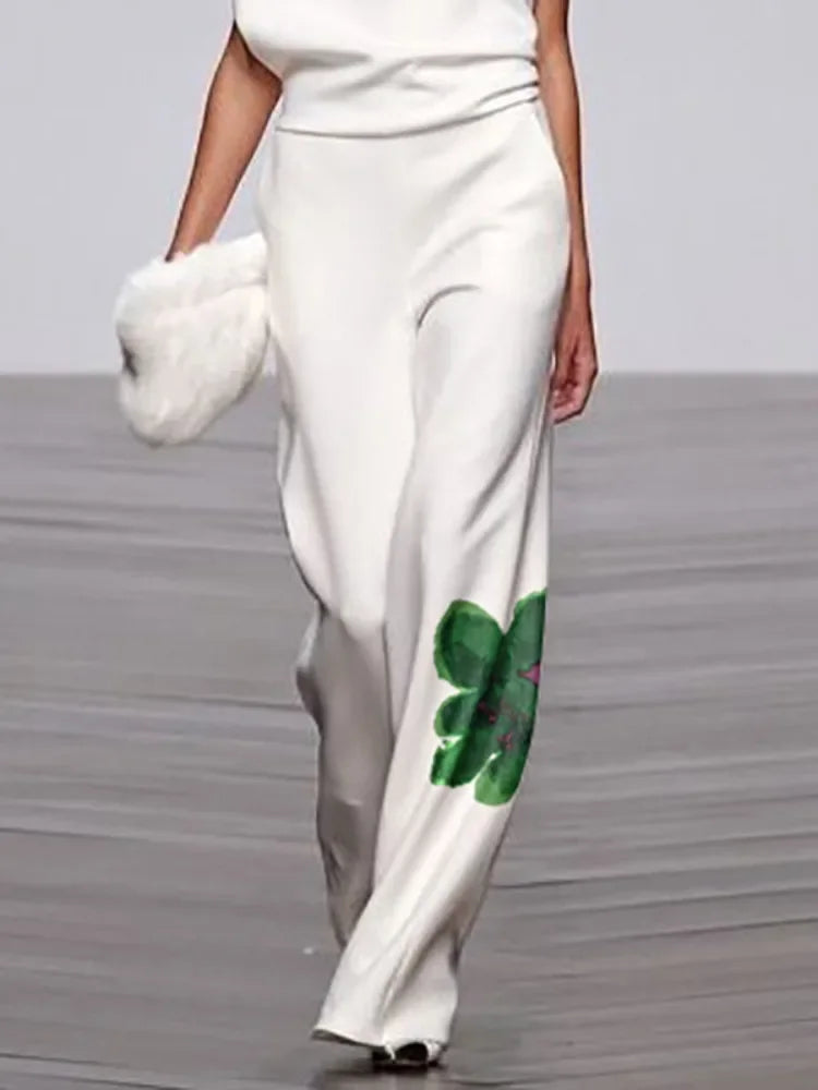 UOOZEE 2025 New Summer Women's 2 Piece Sets Fashion Floral Printed High Neck One-shoulder Tops & High Waisted Straight Leg Pants