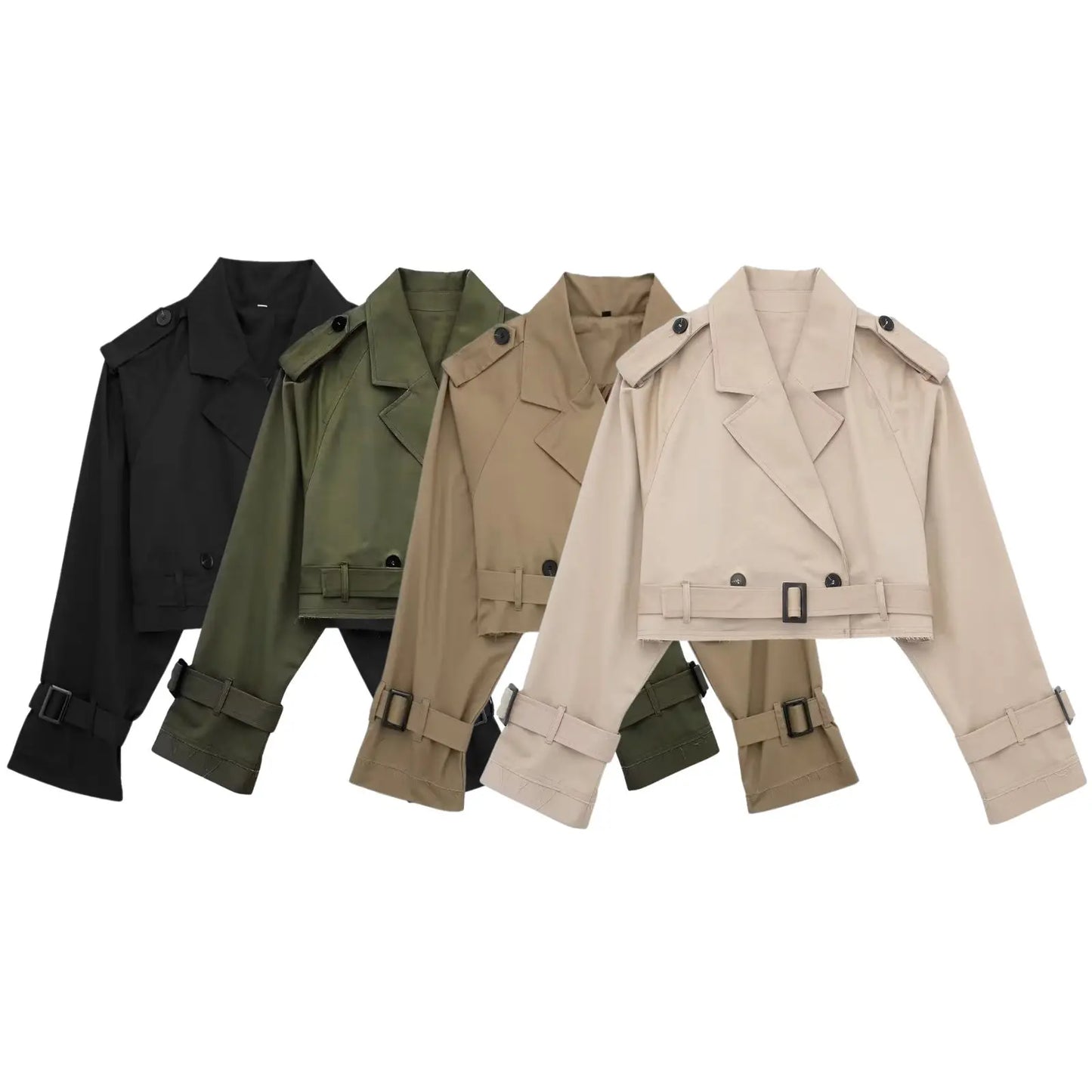 HH 2025 Women Belt Cropped Trench Spring Jacket Vintage Streetwear Double Breasted Long Sleeve Top Female Coat Outfits
