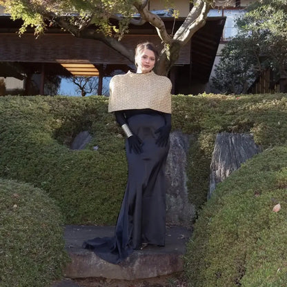 Women Elegant Gold Sparkle Capelet Top Shiny Tweed Shoulder Wrap Turtleneck Short Cloak New Lady Evening Club Party Tops 2026