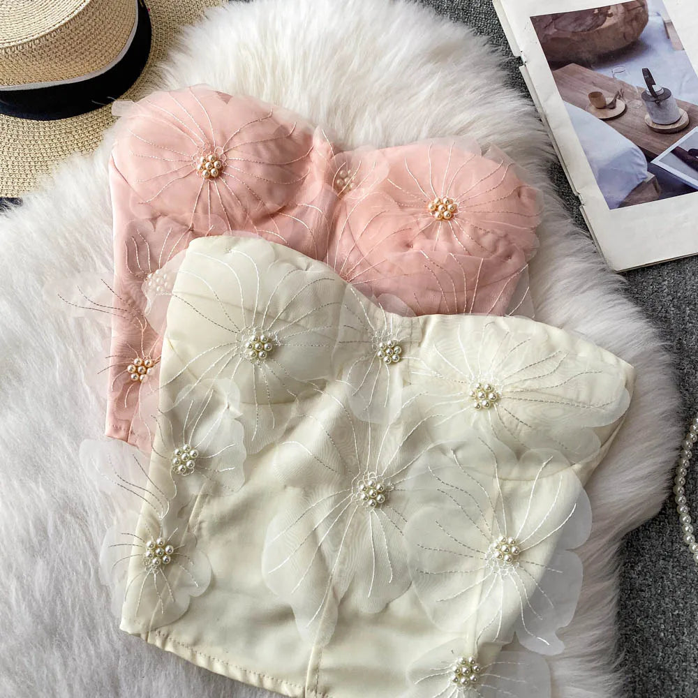 Embellished Short Crop Top Women's Vest with Chest Pad 3D Flower Decoration Slimming Effect Summer Fashion