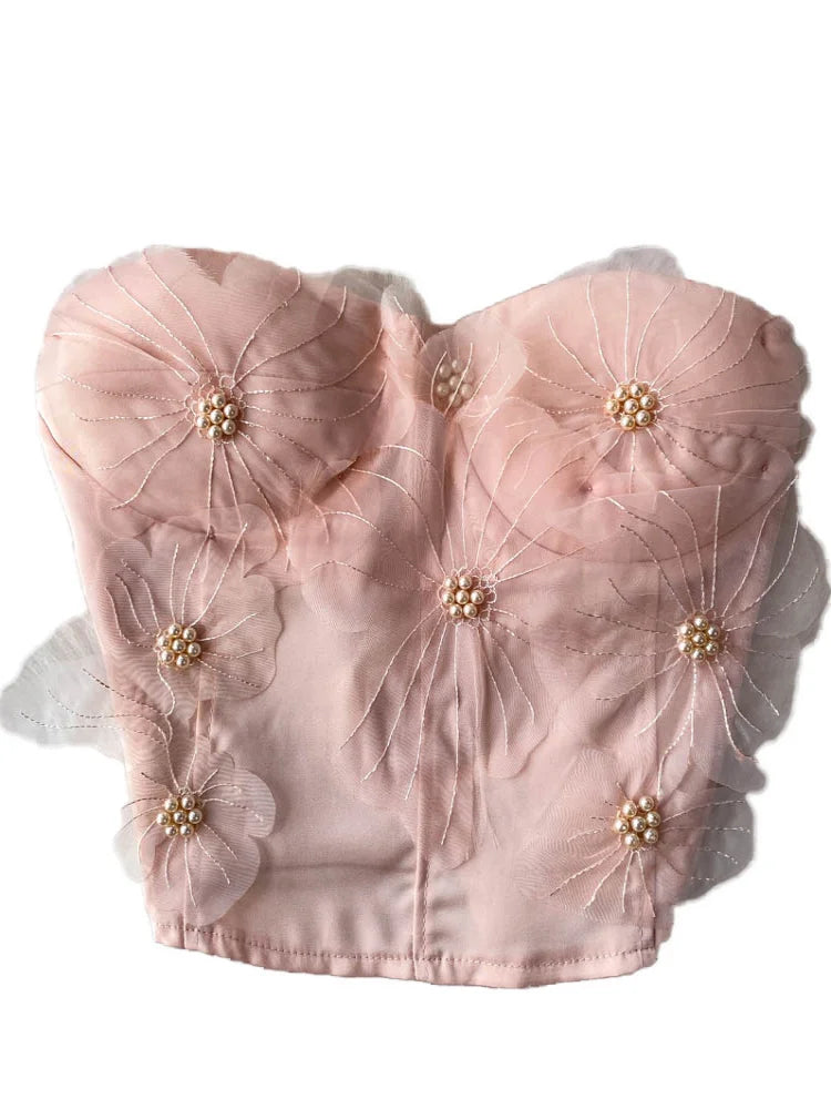 Embellished Short Crop Top Women's Vest with Chest Pad 3D Flower Decoration Slimming Effect Summer Fashion