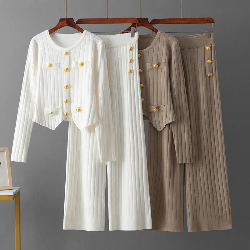 Spring Pink Women's 2 Piece Outfits Long Sleeve Knit Buttons Sweater Top Wide Leg Pants Lounge Sets Tracksuits Casual 2pcs Sets