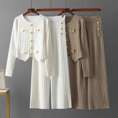 Spring Pink Women's 2 Piece Outfits Long Sleeve Knit Buttons Sweater Top Wide Leg Pants Lounge Sets Tracksuits Casual 2pcs Sets