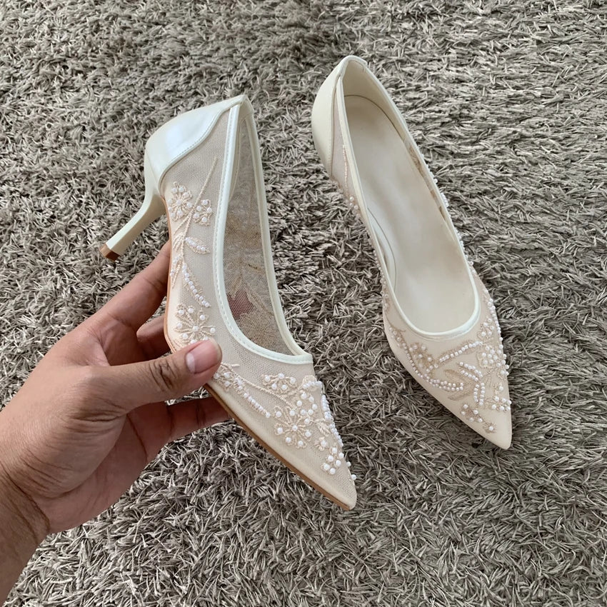 String Bead Mesh Embroider High Heels Women Sexy Pointed Toe Heeled Sandals Summer Elegant Luxury Designer Wedding Pumps Shoes