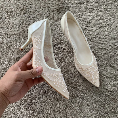String Bead Mesh Embroider High Heels Women Sexy Pointed Toe Heeled Sandals Summer Elegant Luxury Designer Wedding Pumps Shoes